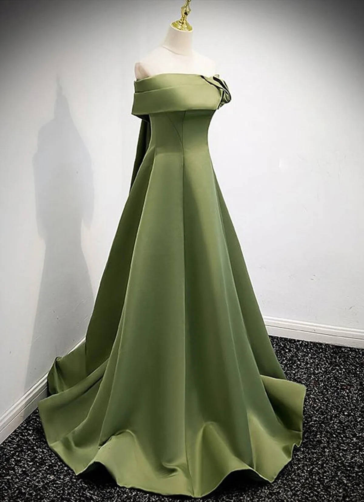 A-line Green Satin Off Shoulder Long Evening Dress, Green Floor Length Prom Dress