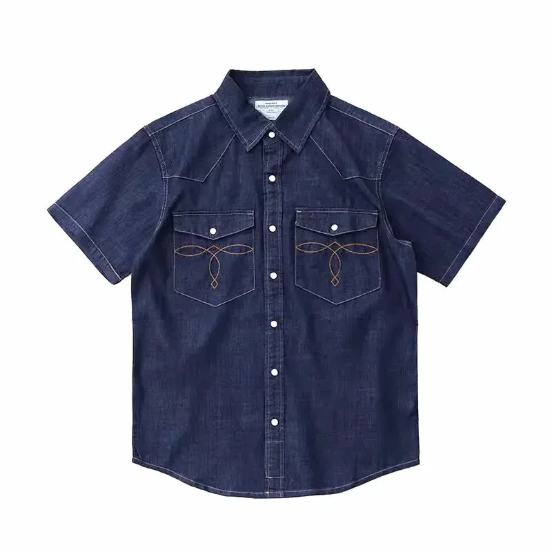 Aidase Vintage American Casual Denim Shirts for Men 100% Cotton Wash Summer Loose Embroidery Workwear 24ss Y2k Youth Male Tops