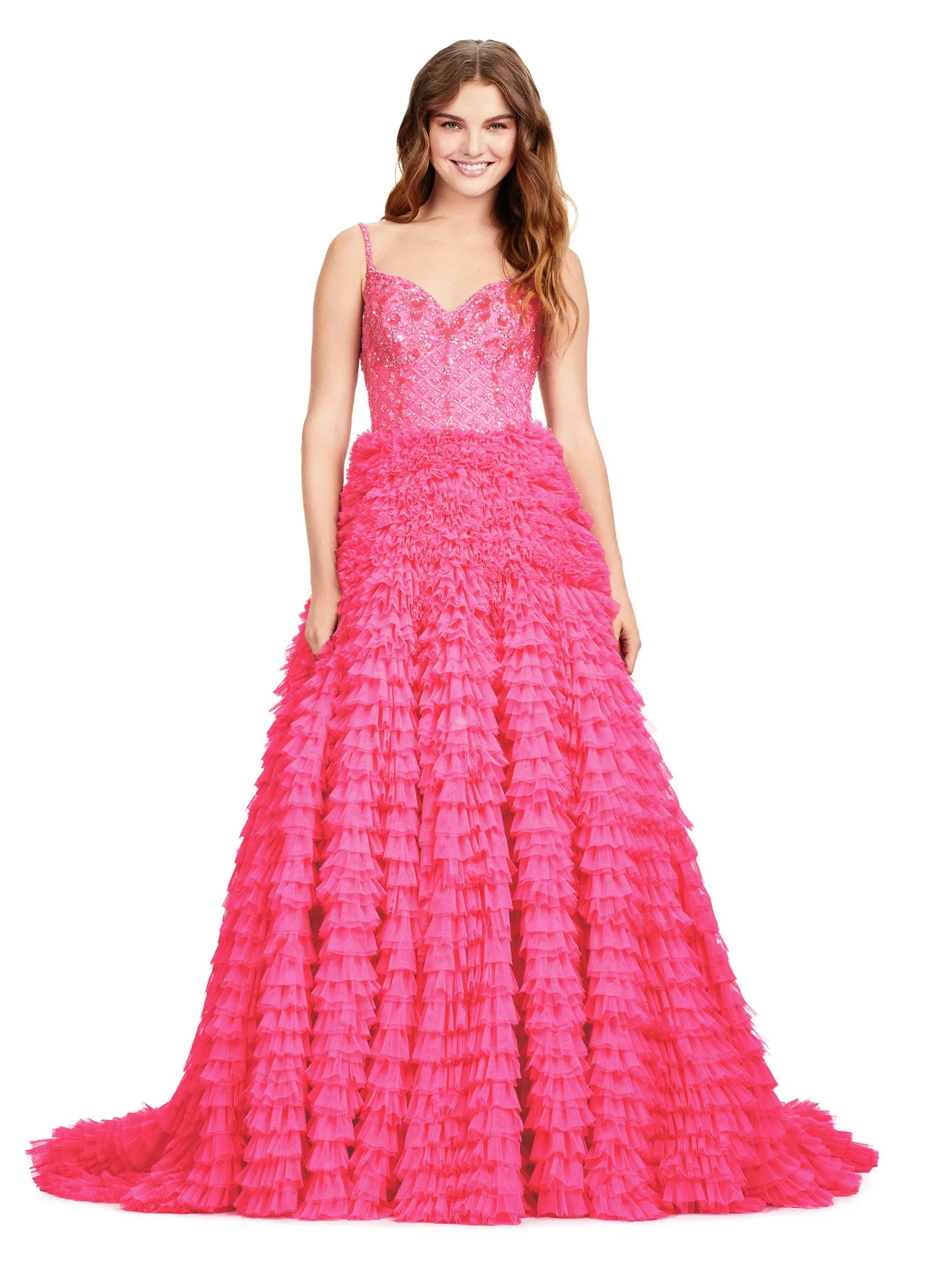 Ashley Lauren 11427 Long Prom Dress Ball Gown Fully Beaded Bodice Layered Tulle Skirt Formal Pageant