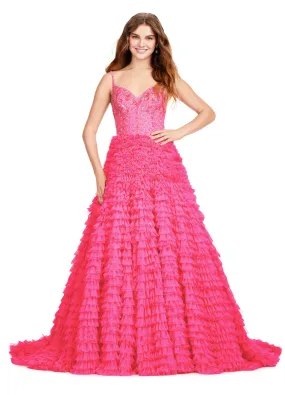 Ashley Lauren 11427 Long Prom Dress Ball Gown Fully Beaded Bodice Layered Tulle Skirt Formal Pageant