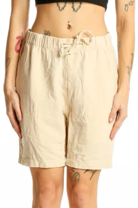 Beige Linen-Blend Drawstring Shorts