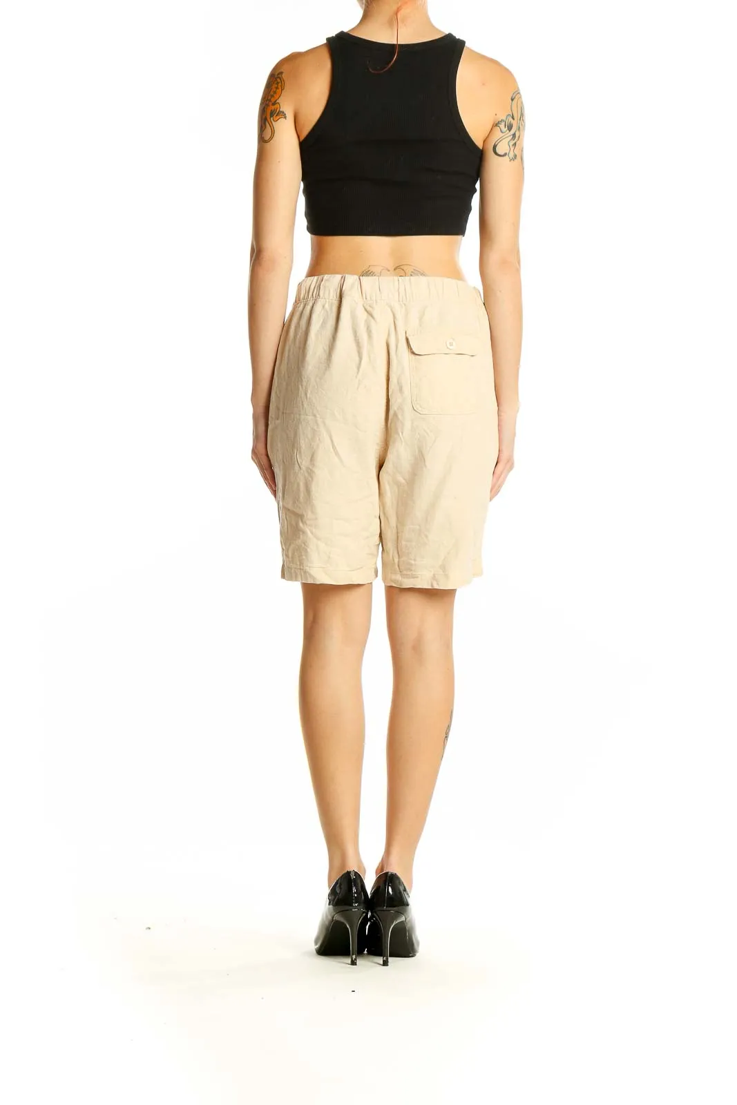 Beige Linen-Blend Drawstring Shorts