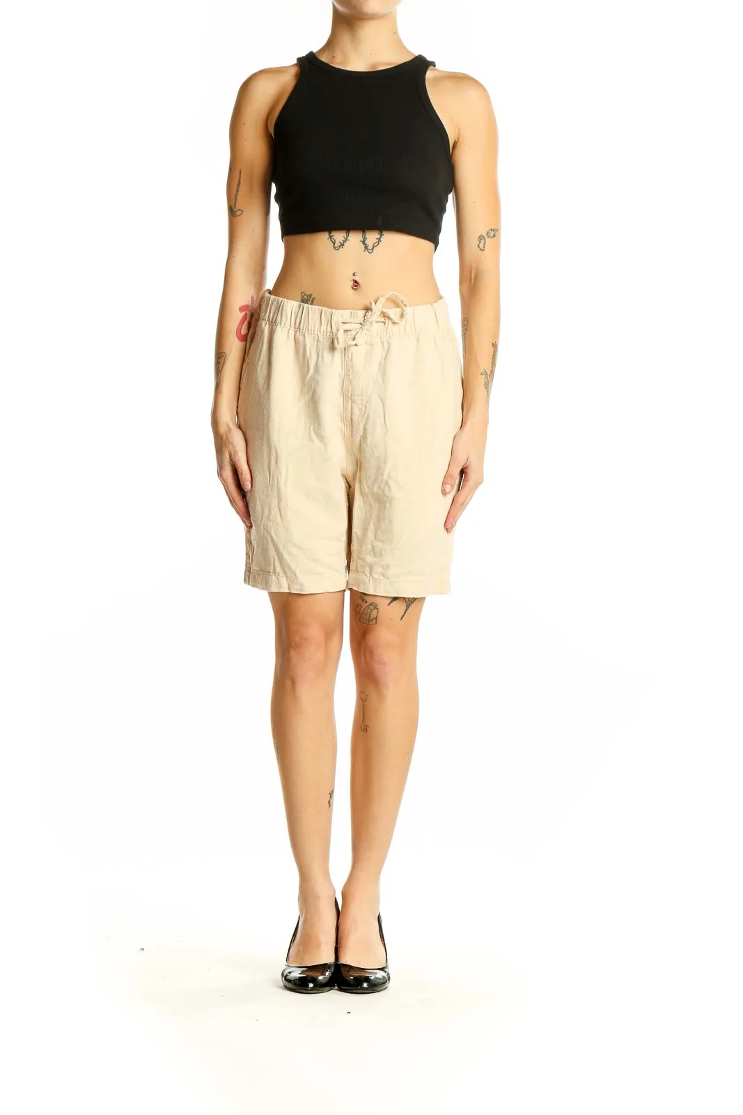 Beige Linen-Blend Drawstring Shorts