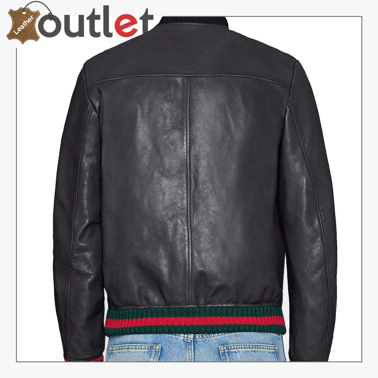 Black Embroidery Leather Bomber Jacket