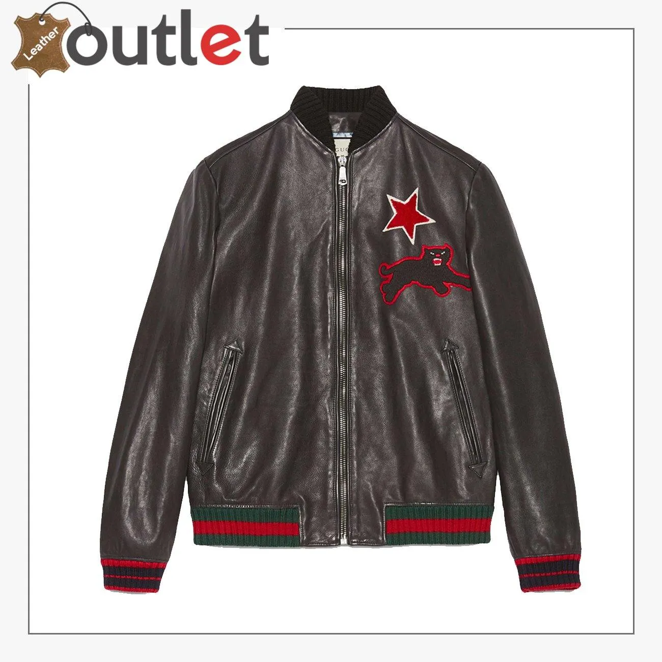 Black Embroidery Leather Bomber Jacket