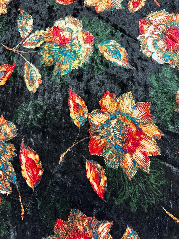 Black Floral Crushed Velvet Knit Fabric