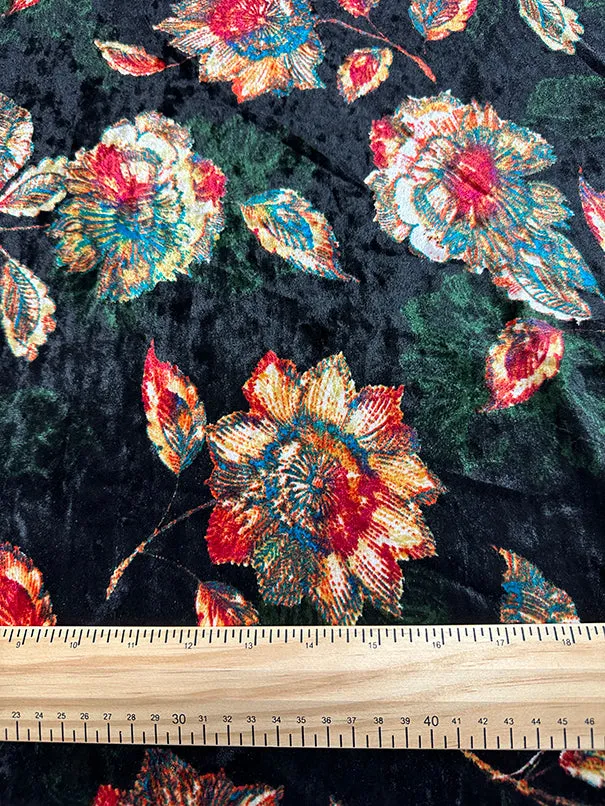 Black Floral Crushed Velvet Knit Fabric