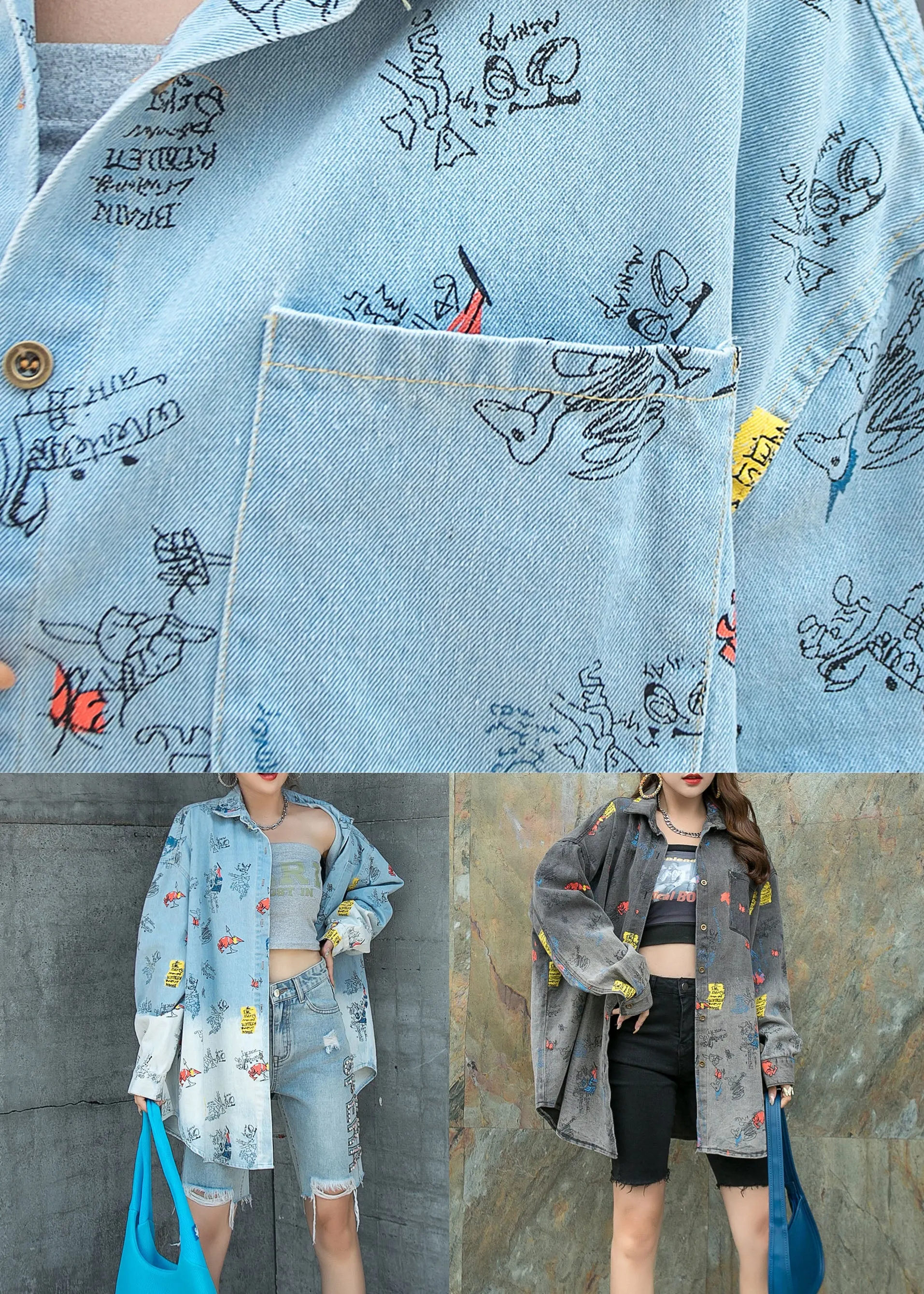 Black Grey Graphic Patchwork Denim Shirts Coat Peter Pan Collar