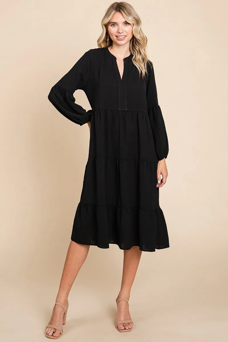 Black Tiered V Neck Long Sleeve Ruffle Hem Midi Dress