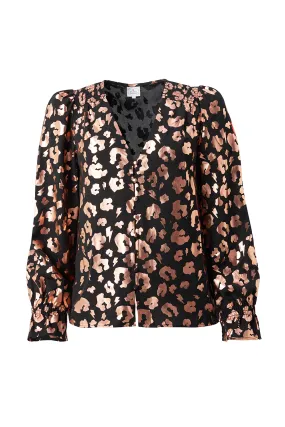 Black with Rose Gold Foil Leopard Flute Sleeve Blouse