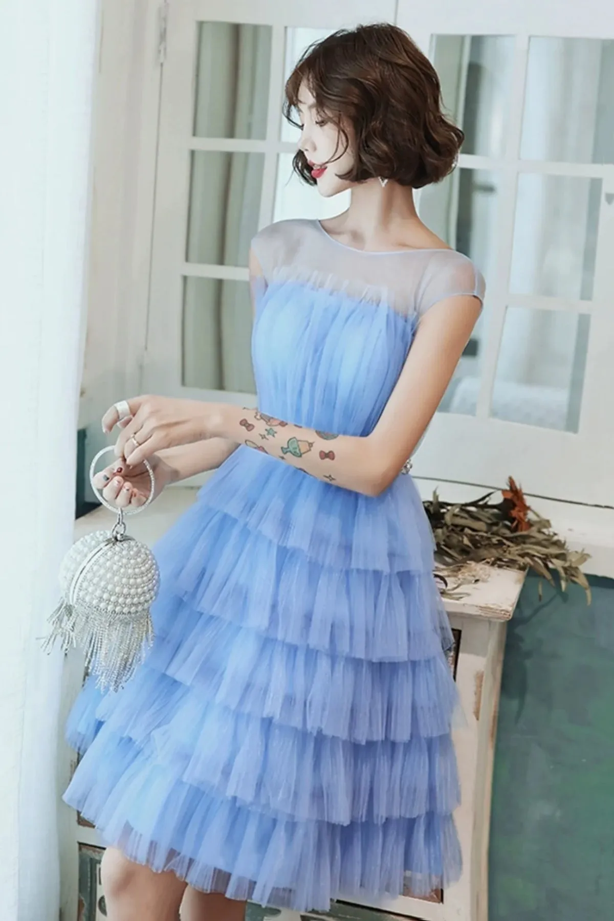 Blue Tulle Round Neck Layered Beaded Prom Dresses, Short Blue Homecoming Dresses, Blue Formal Graduation Evening Dresses WT1297