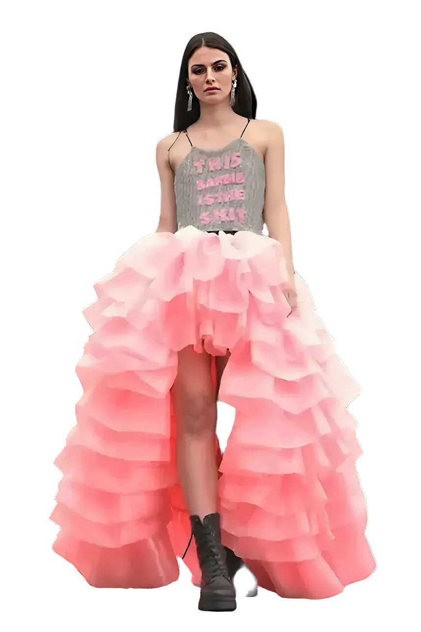 Bubble Gum Pink Silk Organdy Hi Low Maxi Ruffle Skirt