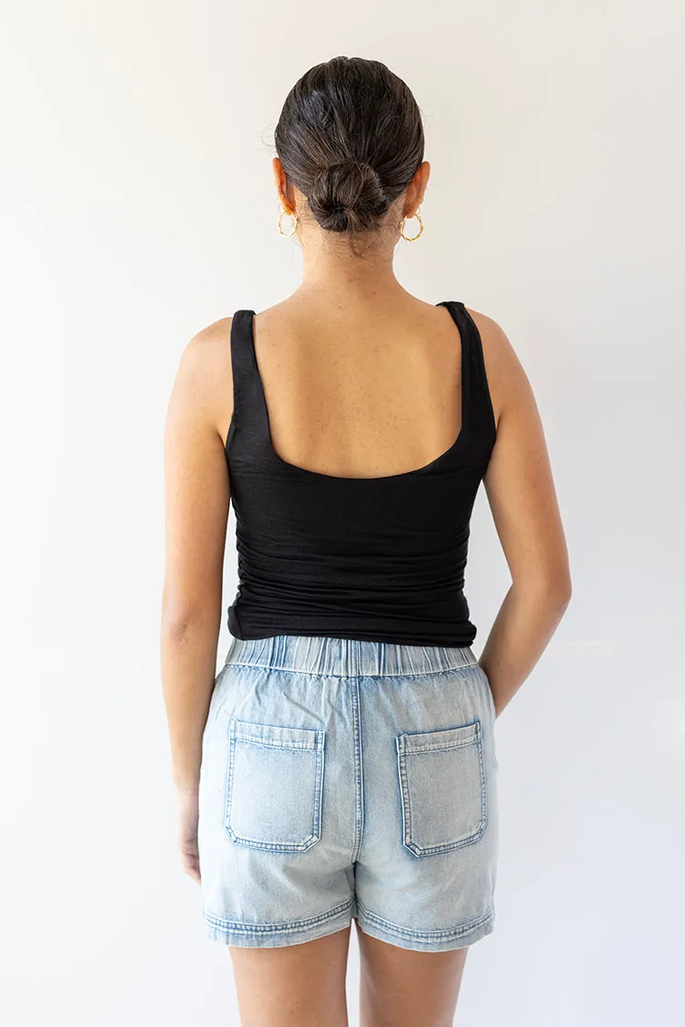 Chambray Denim Drawstring Shorts