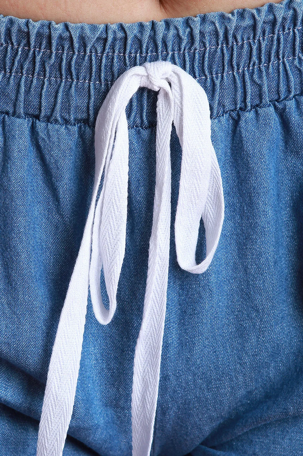 Chambray Fringe Drawstring Shorts