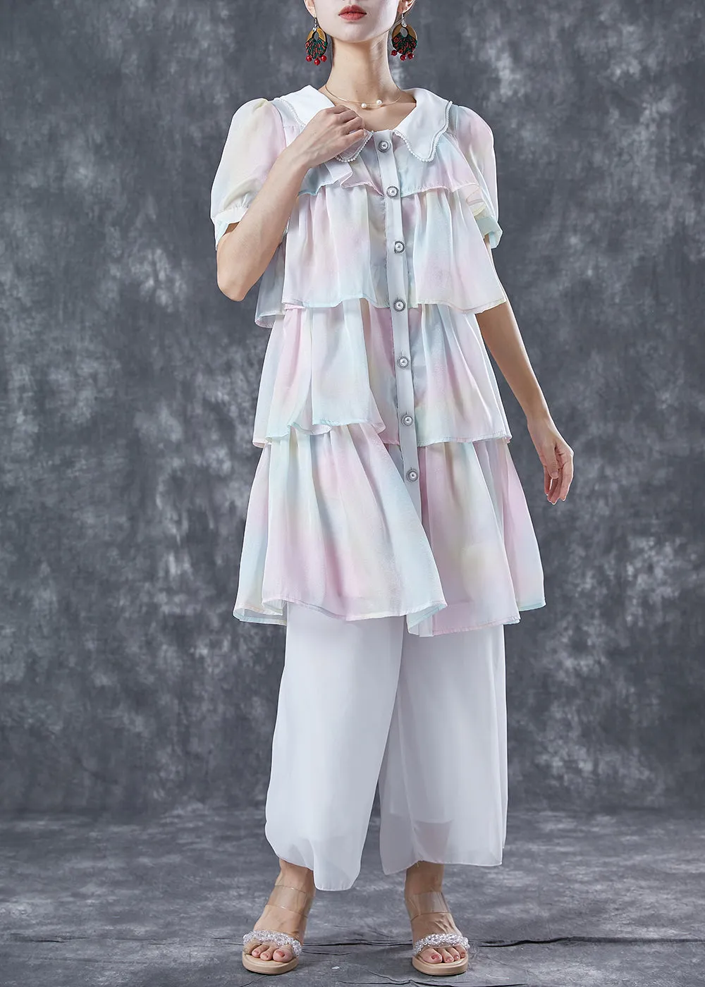 Cute Rainbow Peter Pan Collar Layered Ruffles Chiffon Dresses Summer LY5616