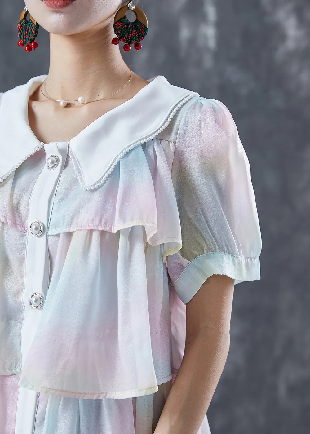 Cute Rainbow Peter Pan Collar Layered Ruffles Chiffon Dresses Summer LY5616