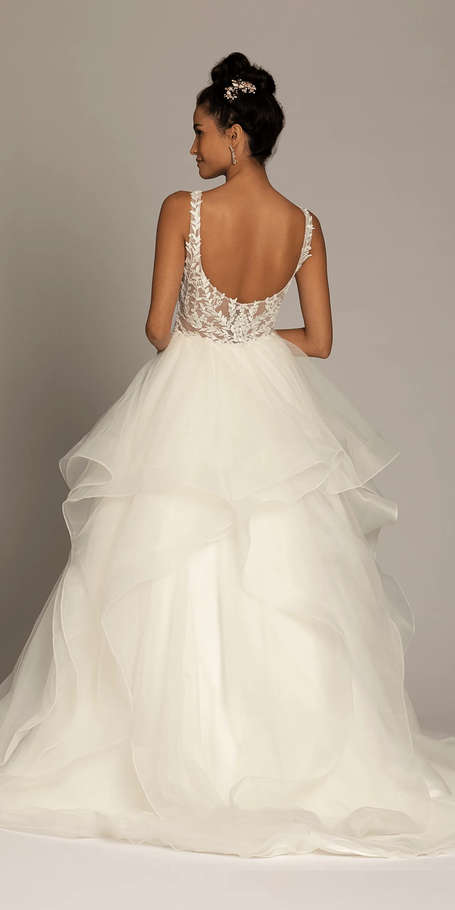 Deep Scoop Back Embroidered Tiered Ballgown