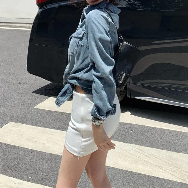 Denim Shirt Retro Coat White Anti-Exposure Culottes Short Skirt