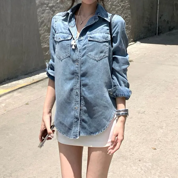 Denim Shirt Retro Coat White Anti-Exposure Culottes Short Skirt