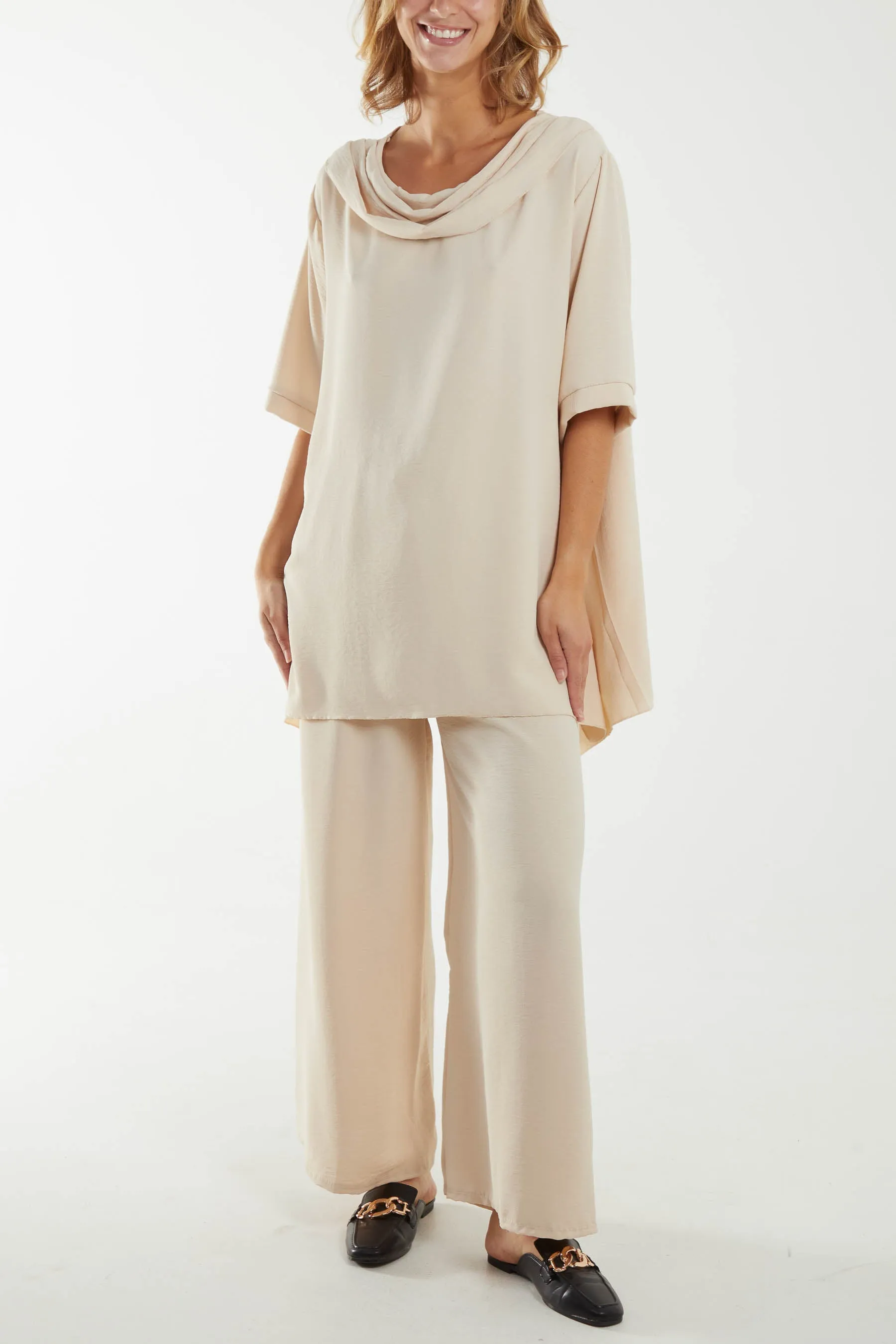 Draped Neck Drawstring Waist Trouser Set