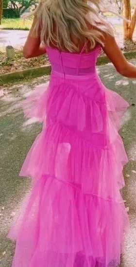 Fashion Hot Pink Layered Ruffles Evening Gown A Line Tulle Long Prom Dresses