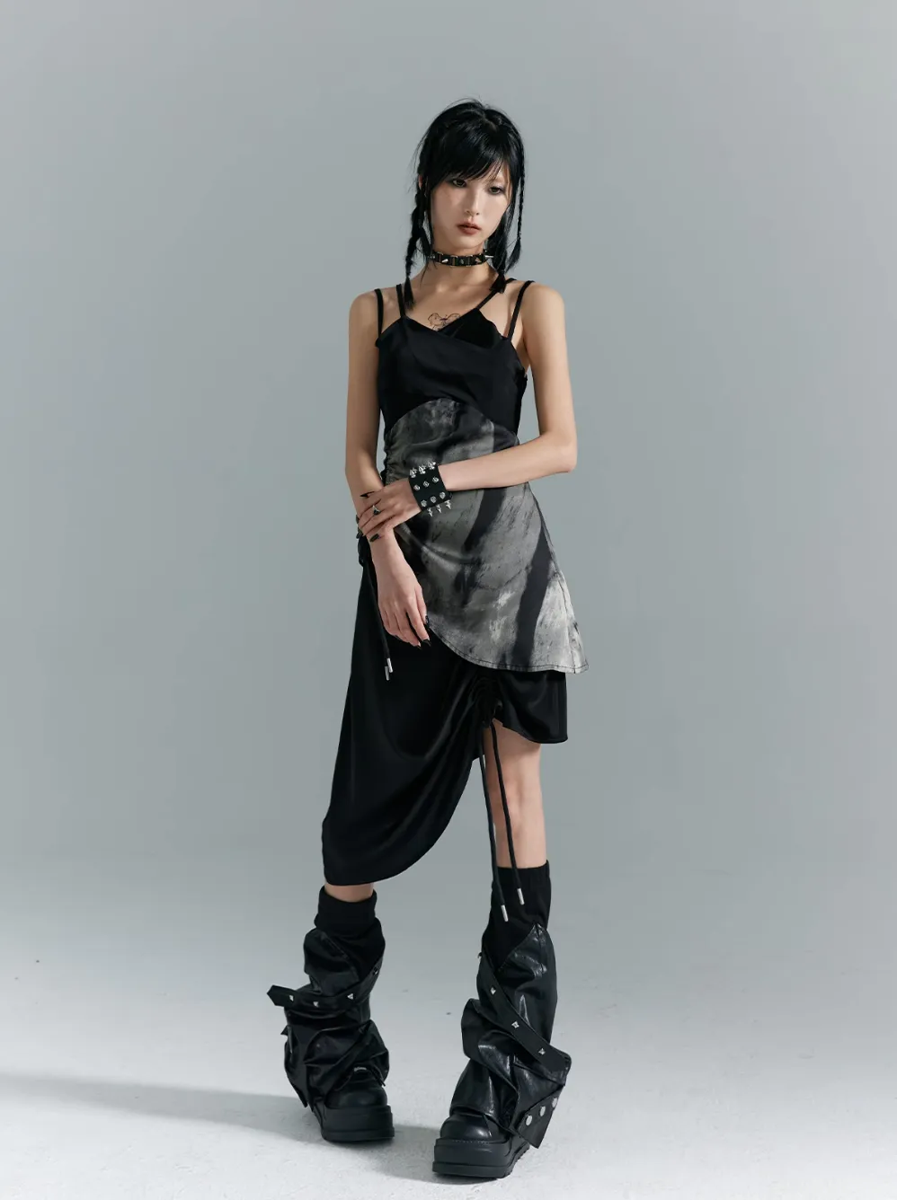 Frustration Garden Avant-Garde Asymmetrical Midi Dress - Black and Gray Sleeveless with Layered Design and Side Slit