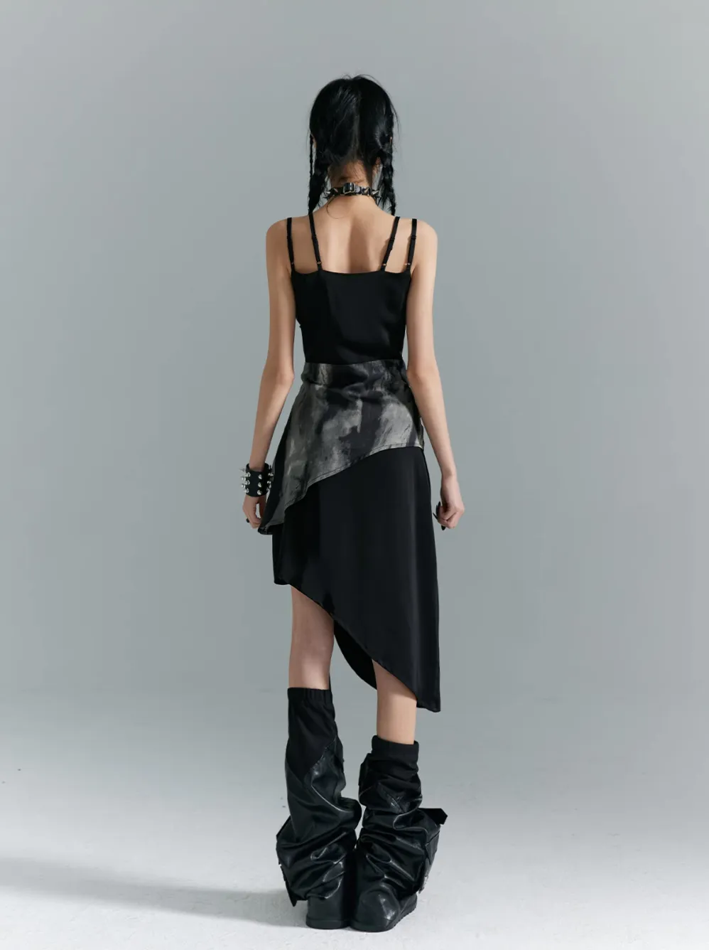 Frustration Garden Avant-Garde Asymmetrical Midi Dress - Black and Gray Sleeveless with Layered Design and Side Slit