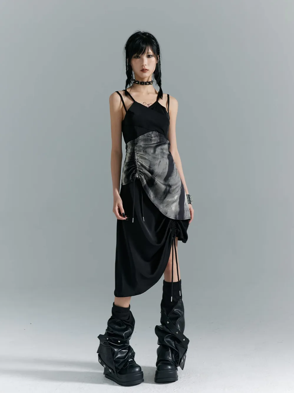 Frustration Garden Avant-Garde Asymmetrical Midi Dress - Black and Gray Sleeveless with Layered Design and Side Slit