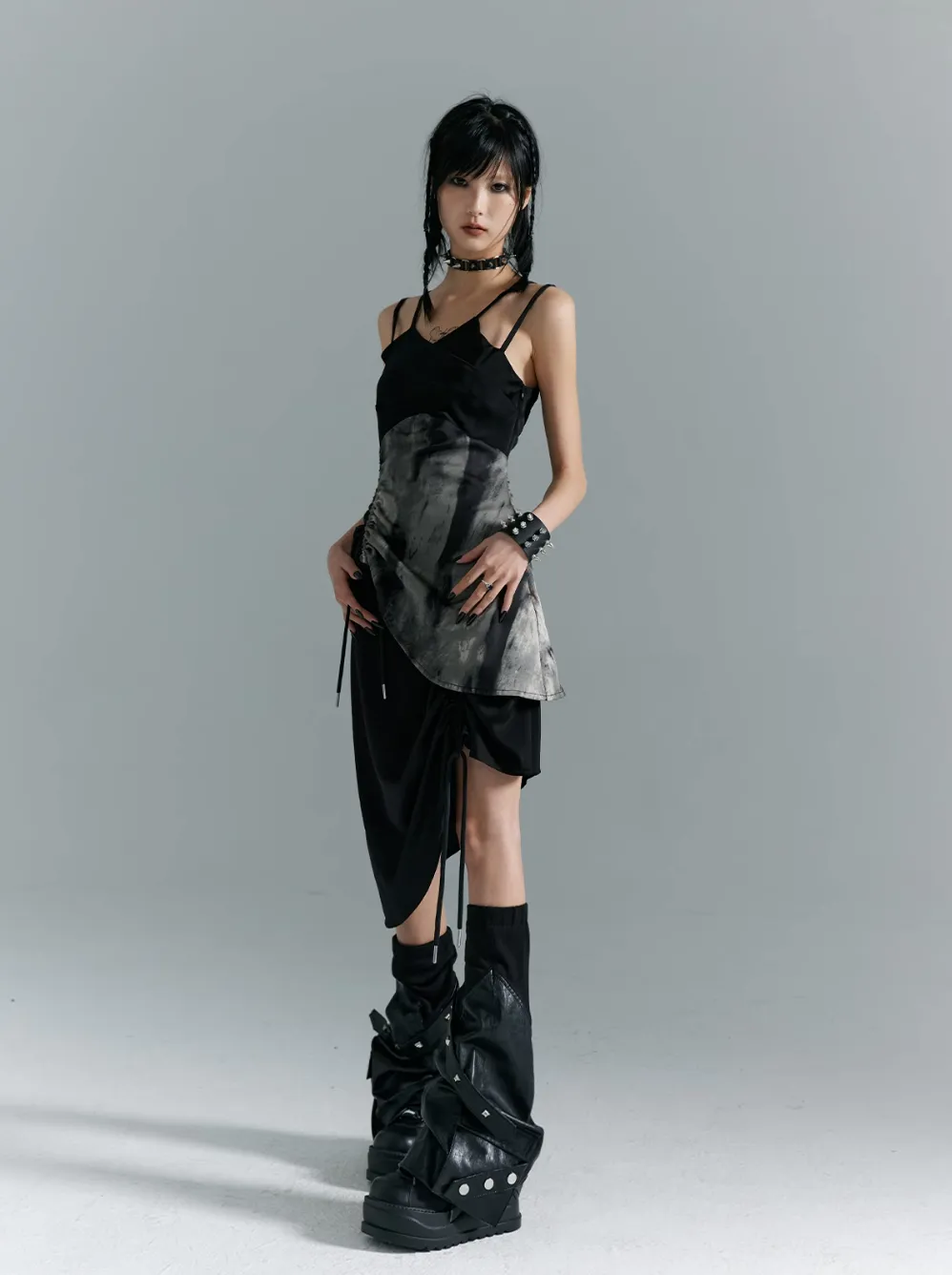 Frustration Garden Avant-Garde Asymmetrical Midi Dress - Black and Gray Sleeveless with Layered Design and Side Slit