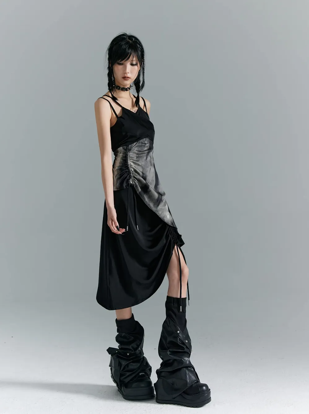 Frustration Garden Avant-Garde Asymmetrical Midi Dress - Black and Gray Sleeveless with Layered Design and Side Slit