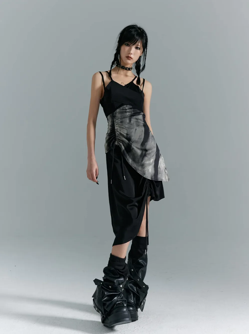 Frustration Garden Avant-Garde Asymmetrical Midi Dress - Black and Gray Sleeveless with Layered Design and Side Slit