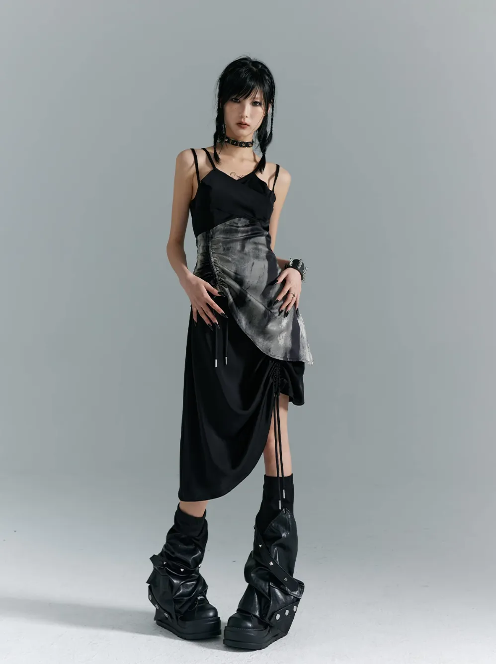 Frustration Garden Avant-Garde Asymmetrical Midi Dress - Black and Gray Sleeveless with Layered Design and Side Slit