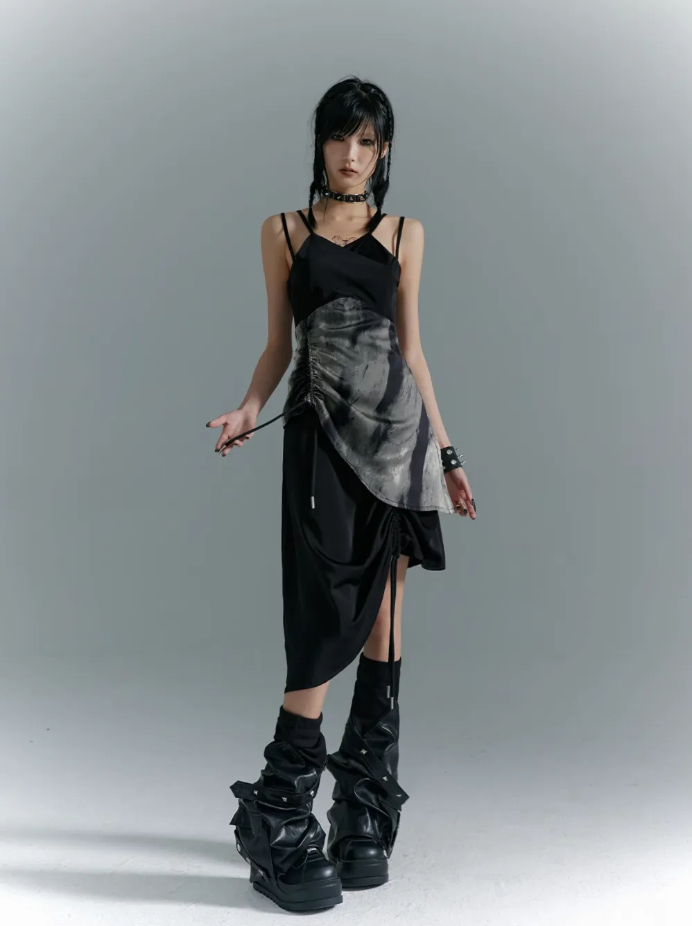 Frustration Garden Avant-Garde Asymmetrical Midi Dress - Black and Gray Sleeveless with Layered Design and Side Slit