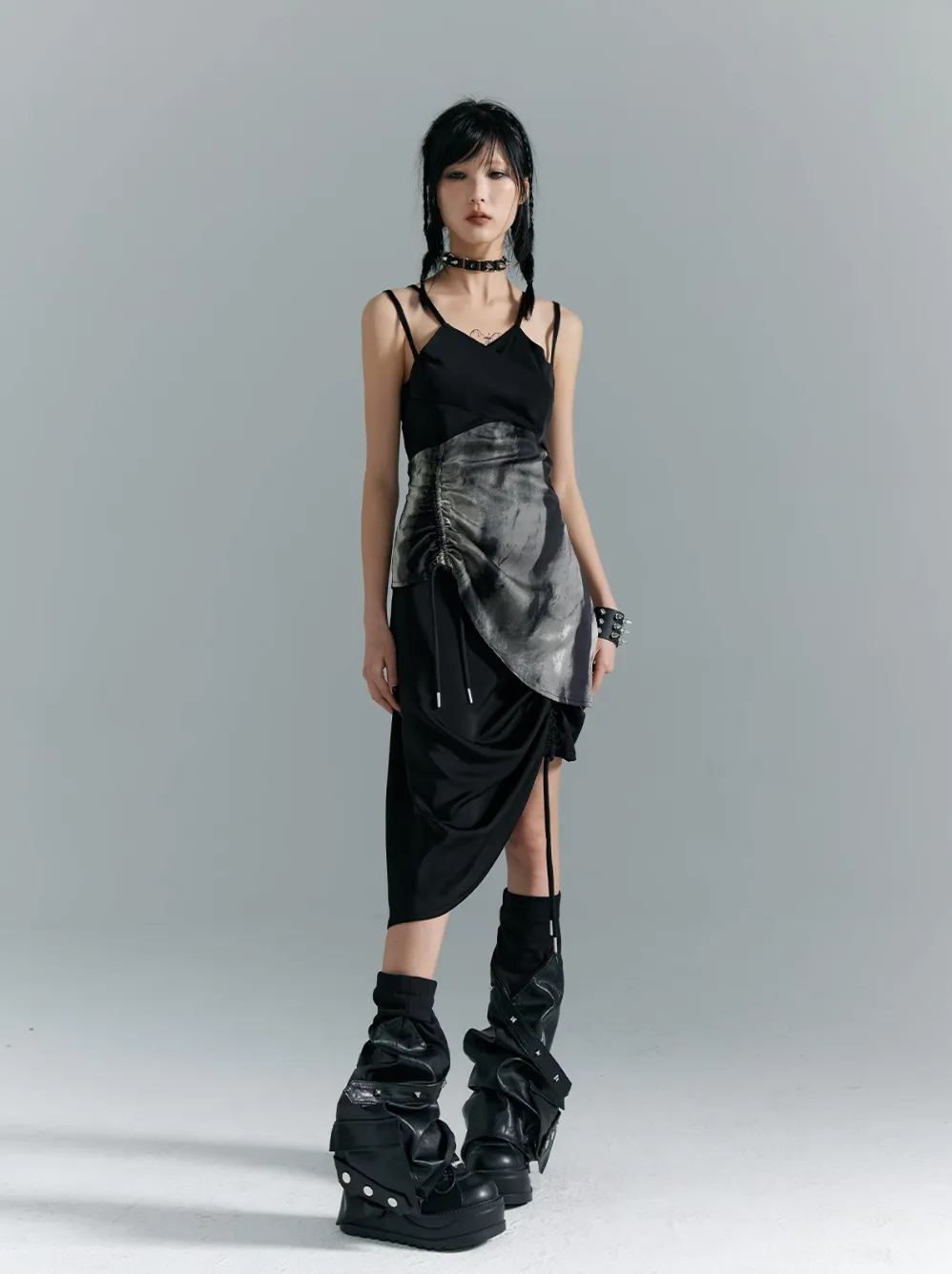 Frustration Garden Avant-Garde Asymmetrical Midi Dress - Black and Gray Sleeveless with Layered Design and Side Slit