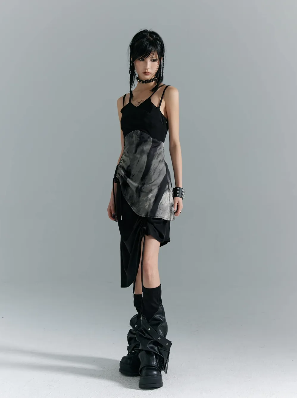 Frustration Garden Avant-Garde Asymmetrical Midi Dress - Black and Gray Sleeveless with Layered Design and Side Slit