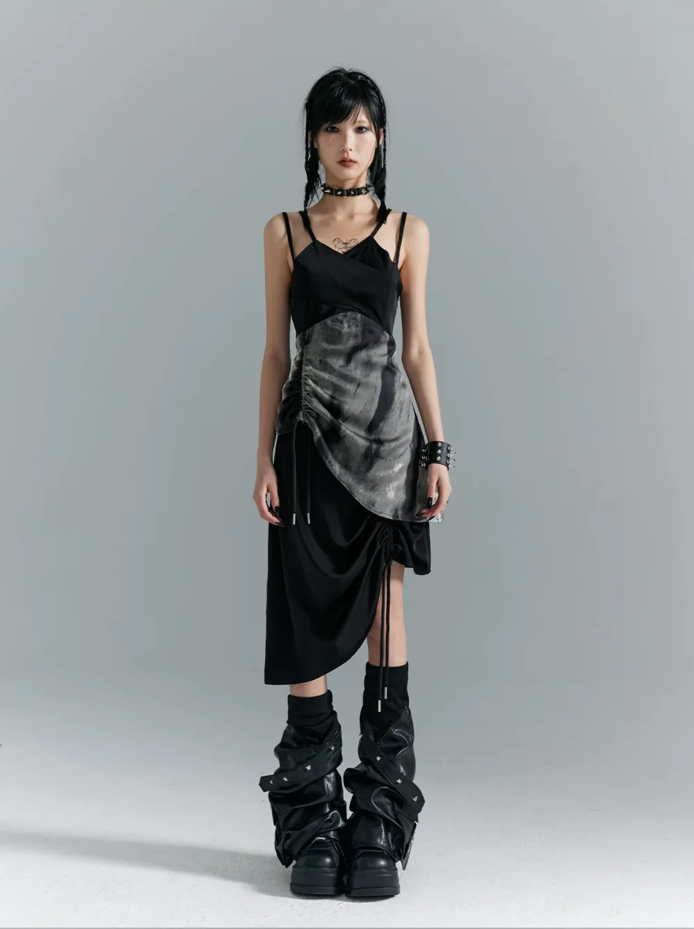 Frustration Garden Avant-Garde Asymmetrical Midi Dress - Black and Gray Sleeveless with Layered Design and Side Slit