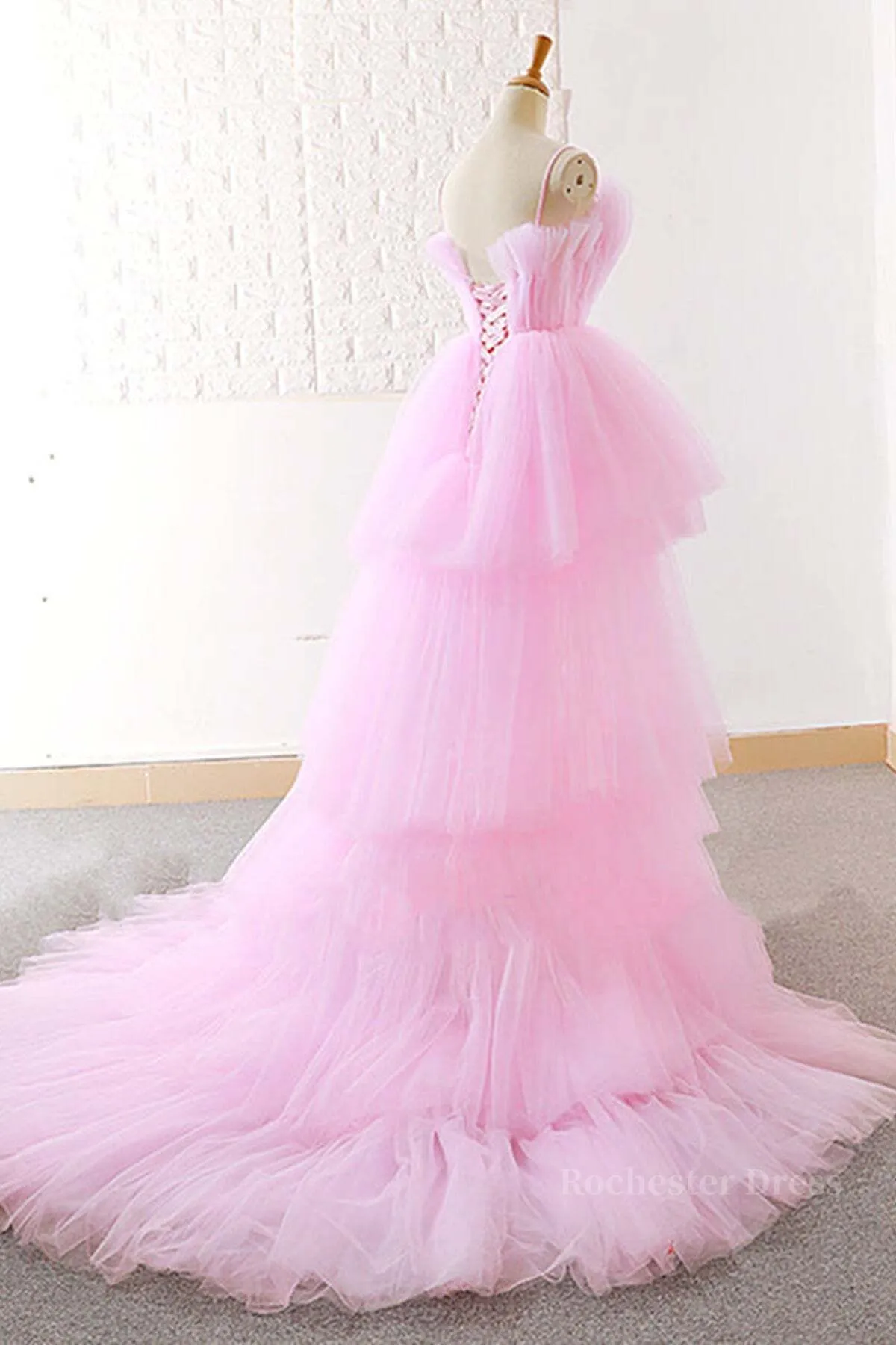 Gorgeous High Low Pink Tulle Long Prom Dresses, Pink Tulle Formal Graduation Evening Dresses