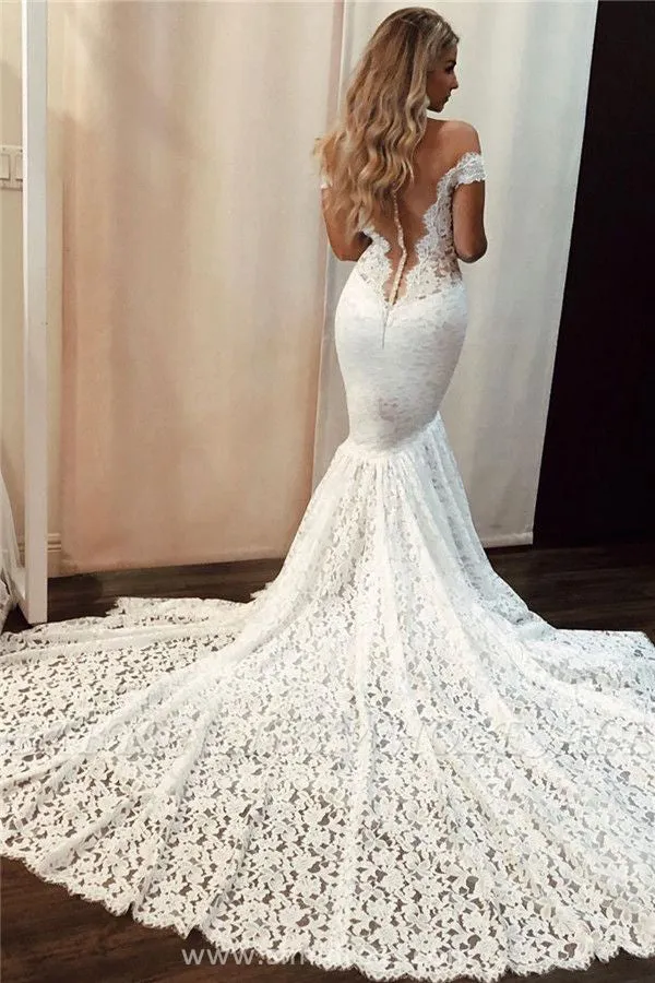 Gorgeous Ivory Lace Mermaid Off the Shoulder Wedding Dress with Sweep Train, SW315