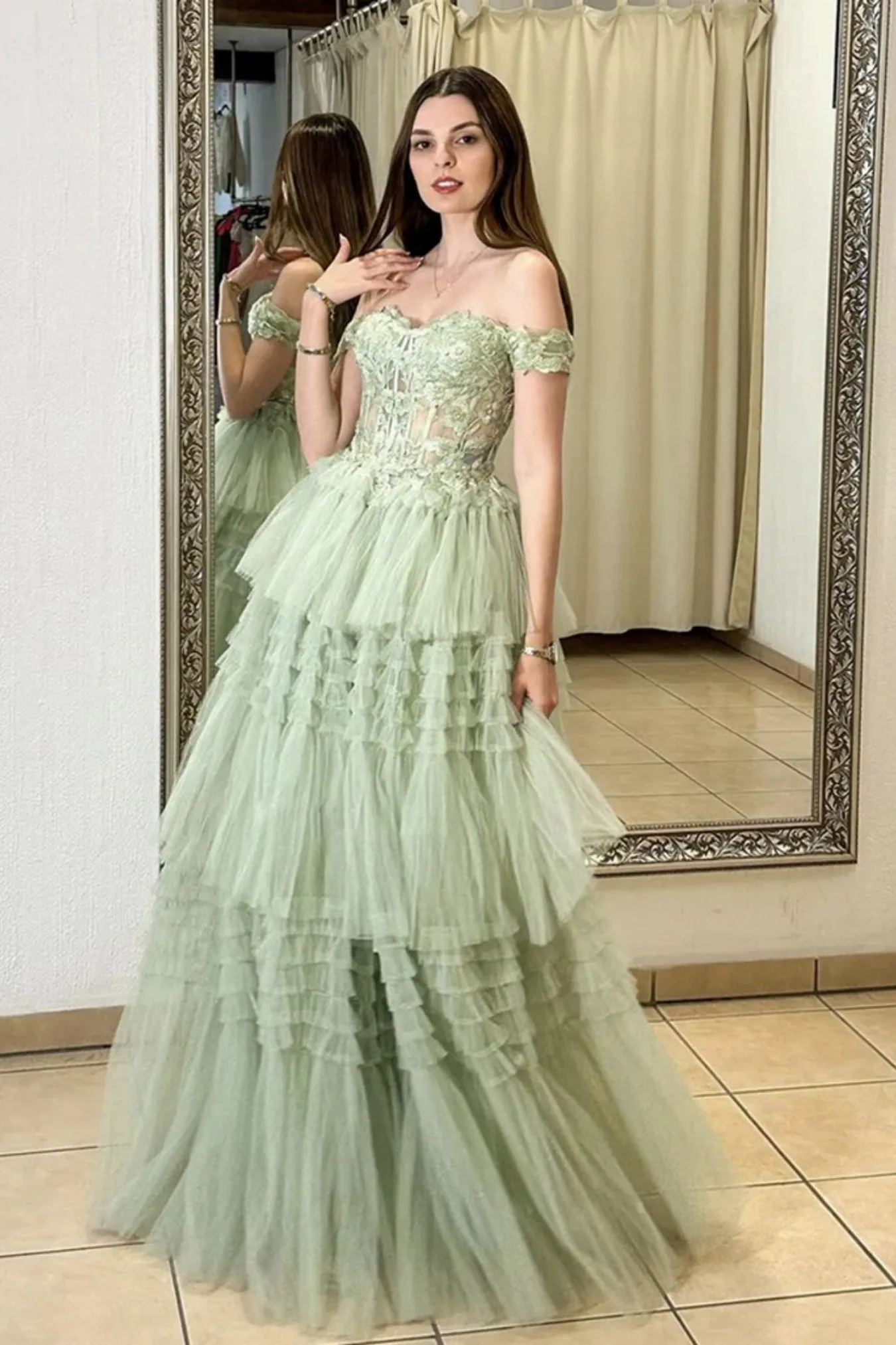 Green Lace Off Shoulder Layered Long Prom Dresses, Green Lace Formal Dresses, Long Green Evening Dresses WT1508