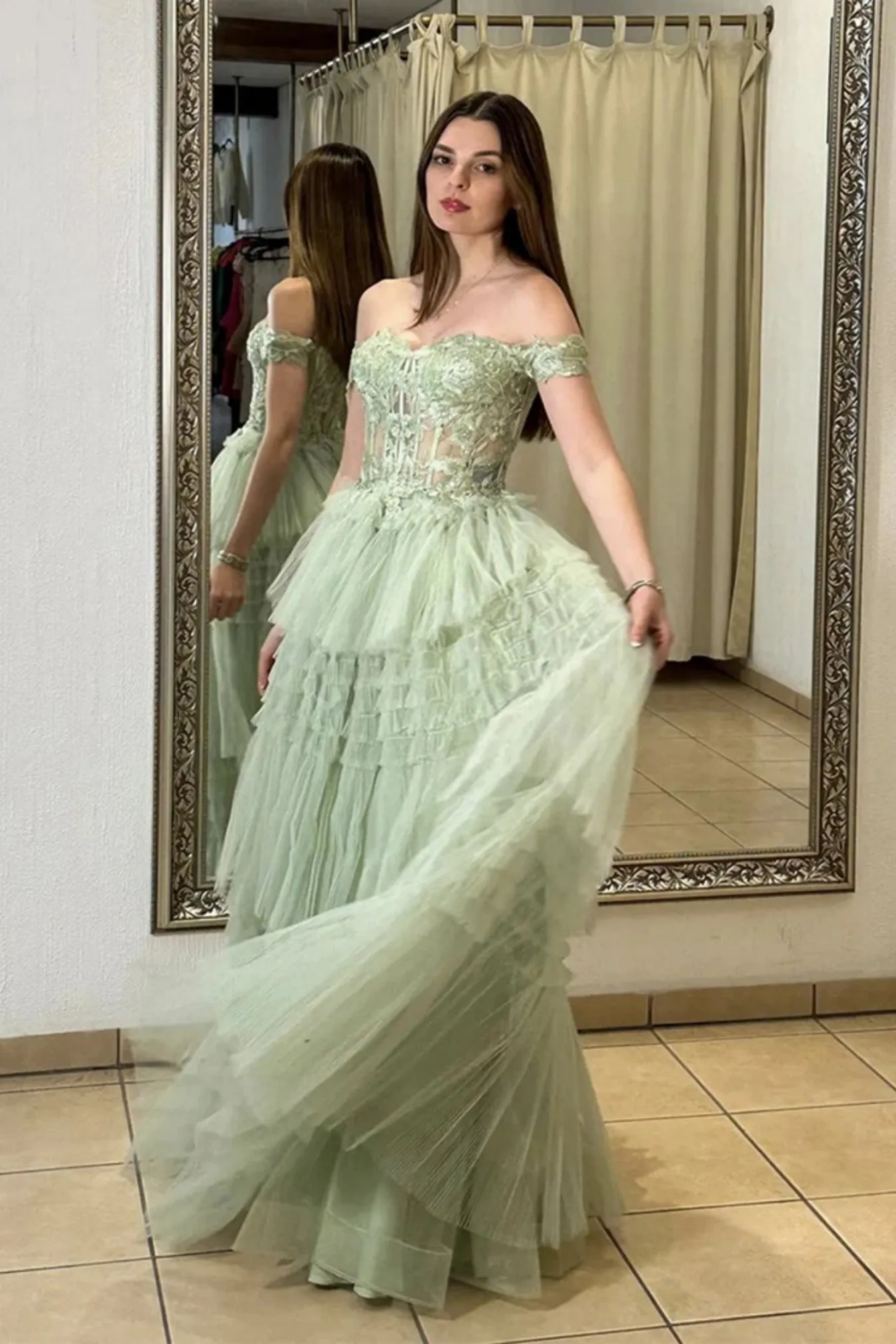 Green Lace Off Shoulder Layered Long Prom Dresses, Green Lace Formal Dresses, Long Green Evening Dresses WT1508