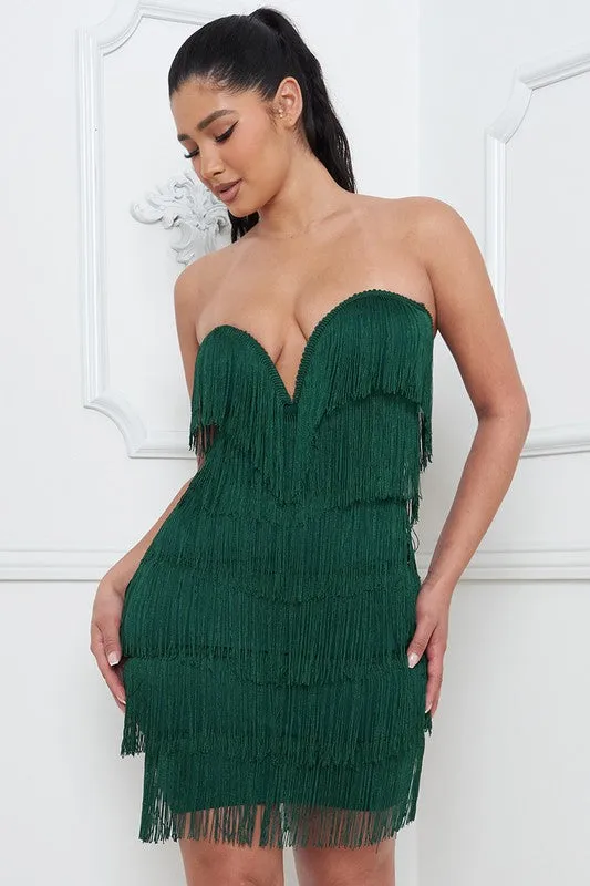 Hunter Green Layered Fringe Mini Dress