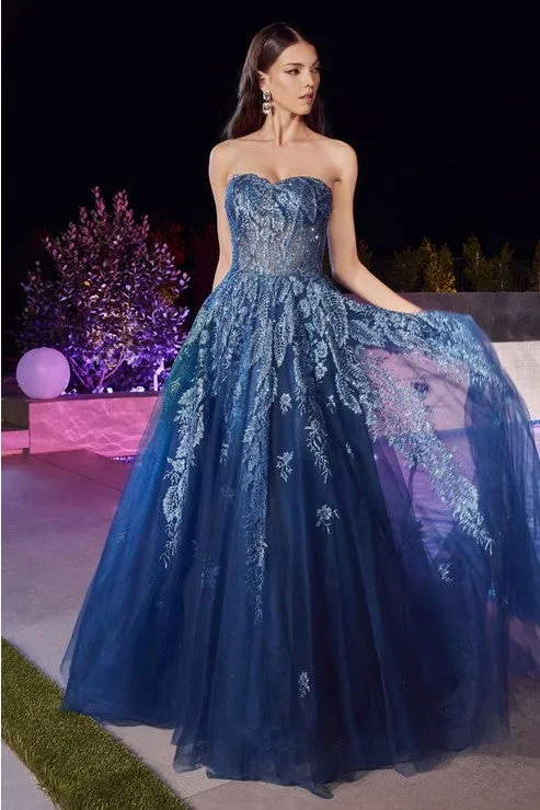 Lapis Blue Strapless Layered Tulle Ball Gown