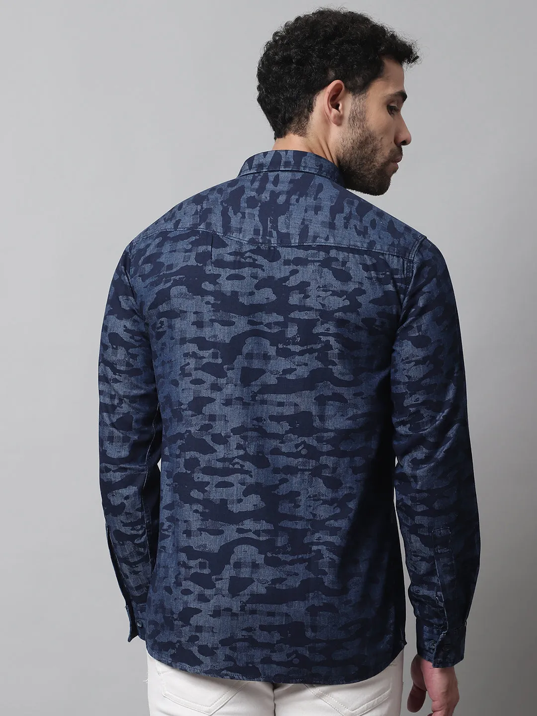 Men's Dark Blue Casual Camouflage Denim Print Full Sleeve Shirt