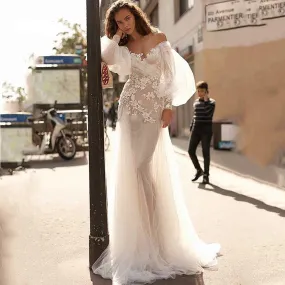 Mermaid Scoop Boho Long Puff Sleeve Wedding Dress