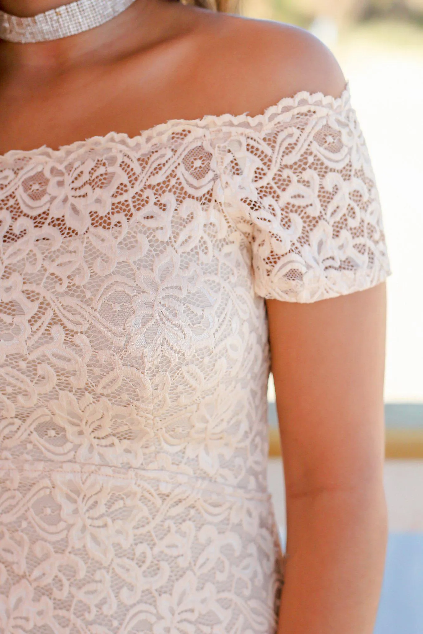 Nude Lace Off Shoulder Short Dress