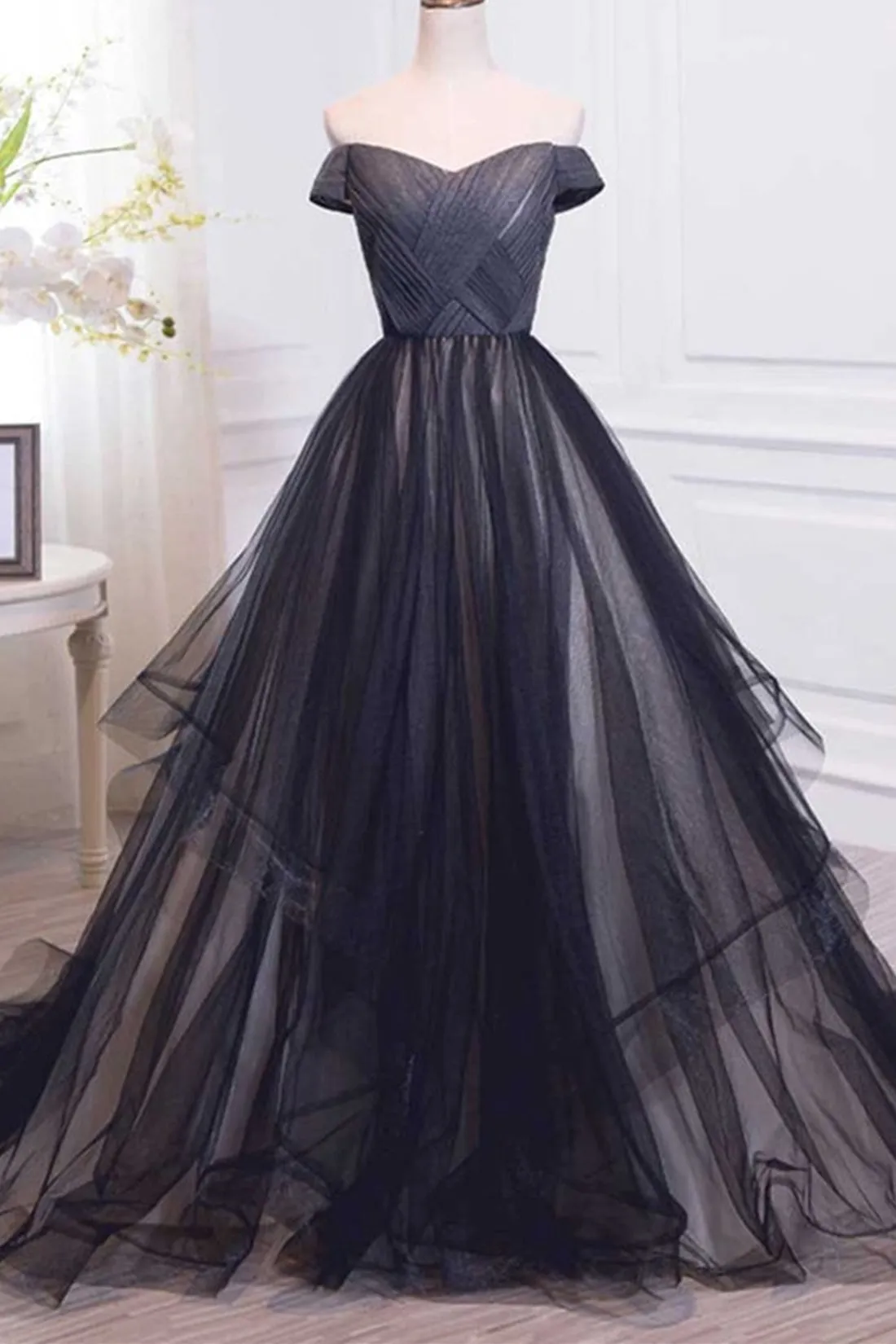 Off Shoulder Black Tulle Long Prom Dresses, Off the Shoulder Black Formal Dresses, Black Evening Dresses