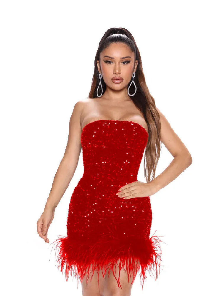 Off Shoulder Sequin Feather Mini Dresses