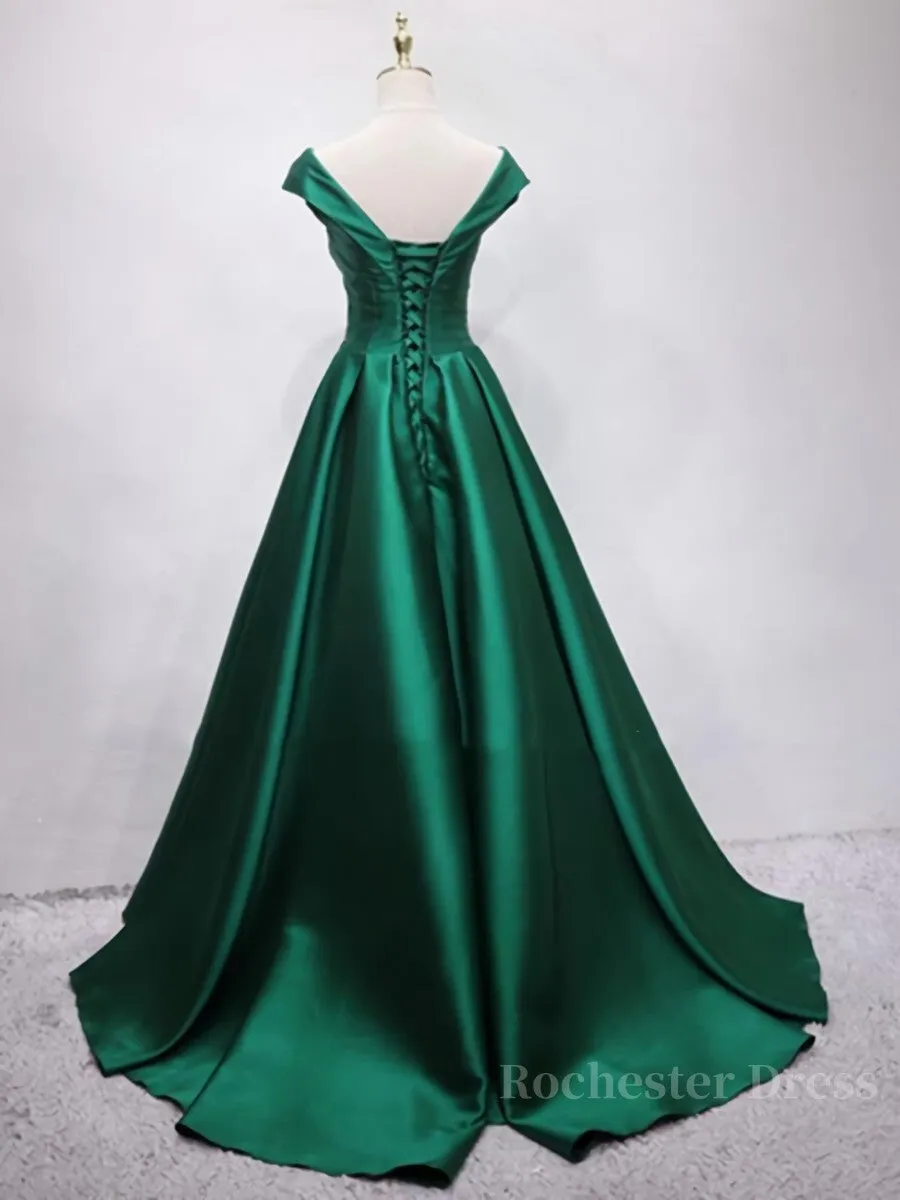 Off the Shoulder Green Long Prom Dress with Corset Back, Off Shoulder Long Green Formal Evening Dresses