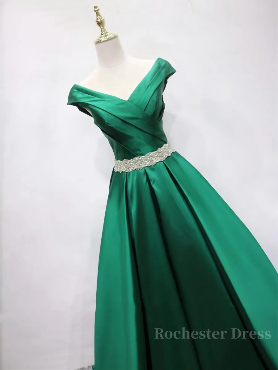 Off the Shoulder Green Long Prom Dress with Corset Back, Off Shoulder Long Green Formal Evening Dresses