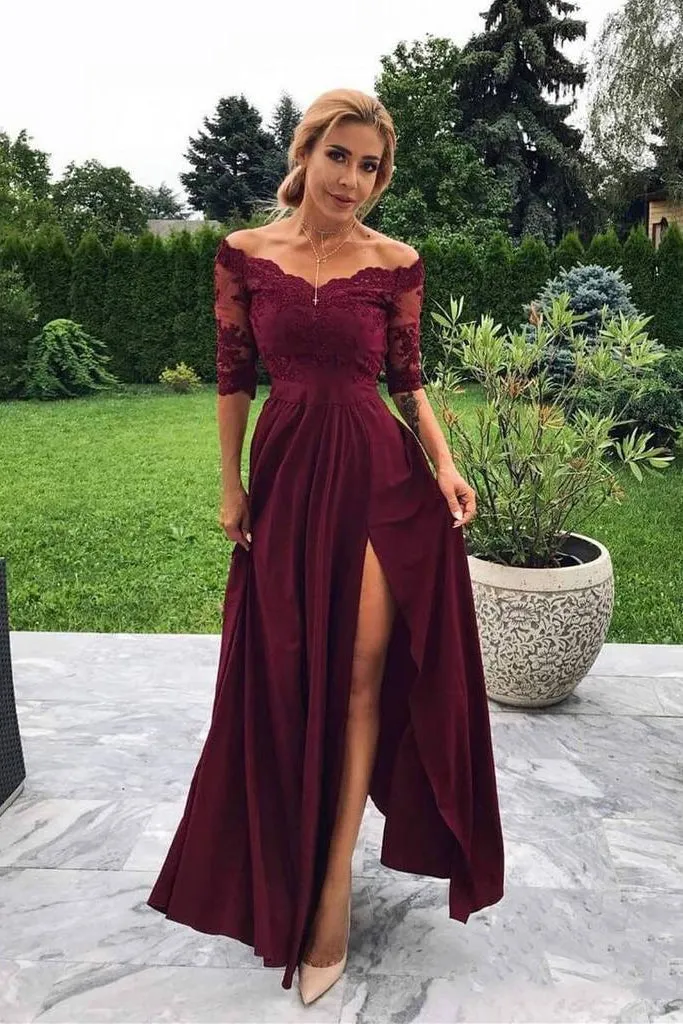 Off the Shoulder Half Sleeve Burgundy Modest Prom Dresses,Bridesmaid Dresses with Slit OKH99